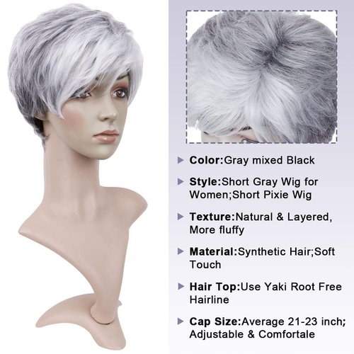 PHOCAS Short Curly Gray Pixie Wigs with Bangs Layered Short Wigs For Women Daliy Cosplay Synthet Short Cut Wigs