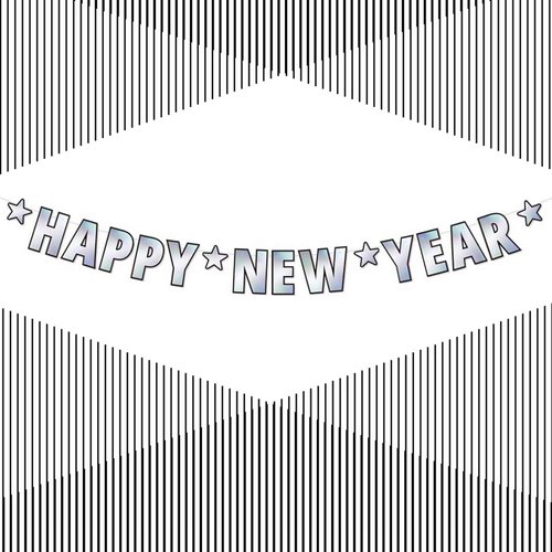 Silver Happy New Year Banner, 2025 Happy New Year Banner Signs for 2025 Happy New Year Party Decoration Supplies