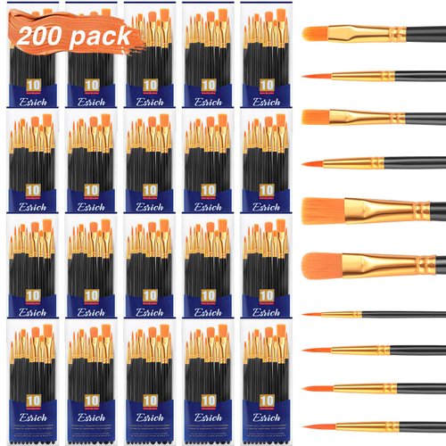 ESRICH Acrylic Paint Brushes Set, 20 Packs / 200 Pcs Nylon Hair Paint Brushes,Paint Brush Set Suitable for Oil,Watercolor,Rock Body Face Art, Kids Adult Perfect Art Painting Craft Paint Brush Kits.