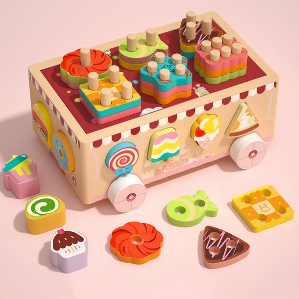 Lexza Montessori Wooden Ice Cream Dessert Cart, Shape Sorting Toys for Boys and Girls 3-6 Years Old，One Year Old Girl Birthday Gifts，Early Childhood Education Fine Motor Skills Development