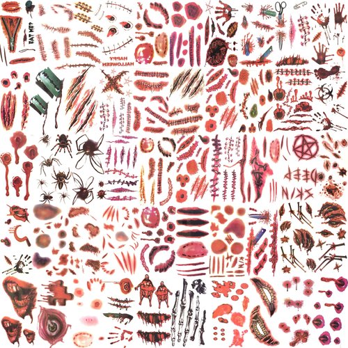 JOEHAPY 435+ PCS 50 Sheets Halloween Fake Scar Tattoos Sticker, 3D Chucky Stitches Tattoo For Women Men Adult Kids Boys Girls, Fake Blood Wound Cut Zombie Tattoos Halloween Face Makeup Kit Set Decals