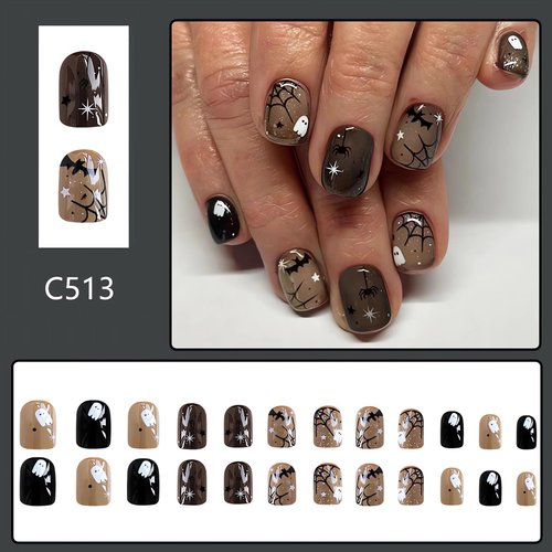 Halloween Square Fake Nails Spider Web Press on Nails Short Ghost Designs Halloween False Nails with Bat Full Cover Glue on Nails Cute Halloween Acrylic Nails Press ons for Women Girls 24Pcs