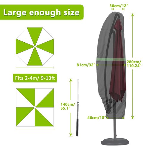 GEMITTO Patio Umbrella Cover, Outdoor Umbrella Cover with Zipper & Rod — Offset Umbrella Cover Patio Umbrella Covers Waterproof for 9 - 13ft Cantilever Umbrella (420D Oxford)