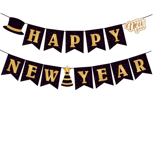 Happy New Year 2025 Banner, Black and Gold Happy New Year Party Supplies, Hanging Bunting for New Year's Eve Party Supplier Decorations - Home Holiday Decorations