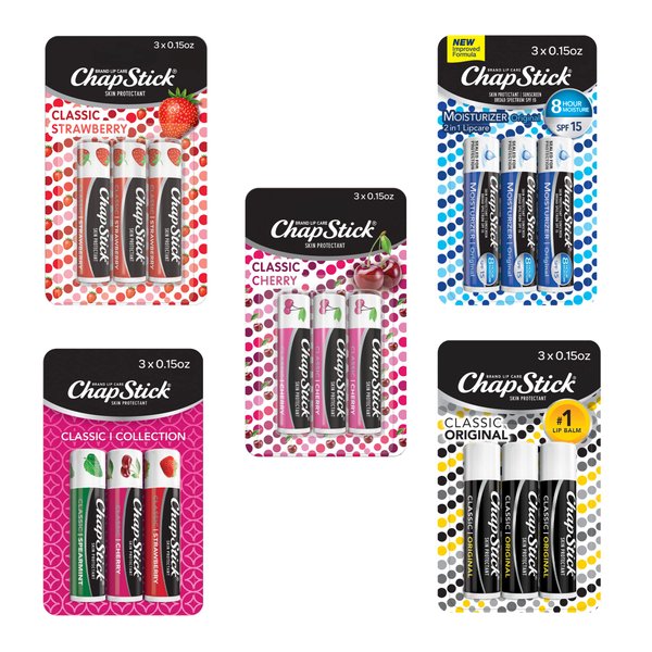 ChapStick Classic Collection Flavored Lip Balm Tubes Pack, Lip Moisturizer - 0.15 Oz (Box of 5 Packs of 3)