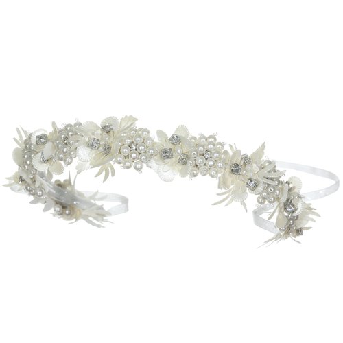 SAMKY Pearl Rhinestone Crystal Satin Communion Flower Wreath Headband T1303
