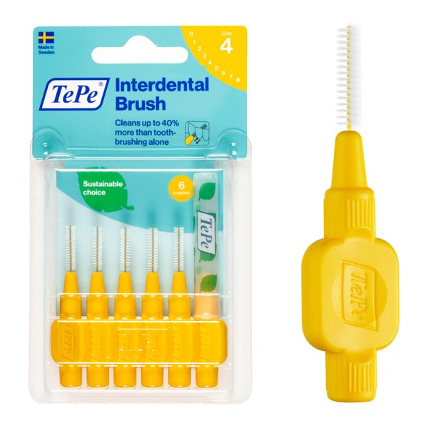 TEPE Interdental Brush Original, Soft Dental Brush for Teeth Cleaning, Pack of 6, 0.7 mm, Medium Gaps, Yellow, Size 4