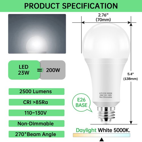 KINDEEP 150-200W Equivalent 23W E26 LED Bulb, A21 LED Super Bright Light Bulb, 2500 Lumens, Daylight White 5000K for Your Home, Office, Store, Garage, Warehouse, Garden 12-Pack