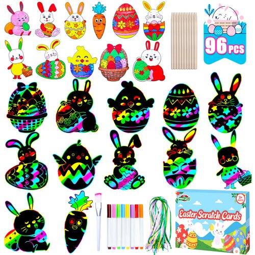 Max Fun Rainbow Color Scratch Easter Crafts Kit Easter Ornaments (96 Counts)-Magic Scratch Off Cards Paper Hanging Art Craft Supplies Educational Toys Kit for Kids Party Favors