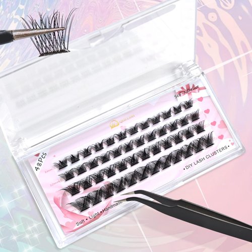 Q&D LASH Cluster Lashes Kit, Self Adhesive Eyelashes D curl 8-14mm Mixed Length No Glue Easy to Apply,including 48 Clusters,1 Applicator DIY Individual Lashes At Home (0.07-D-8-14mm, A1)
