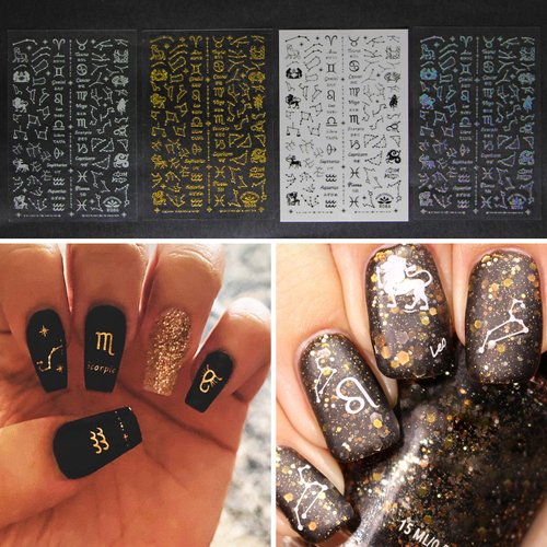 Gold Star Nail Stickers, Zodiac Nail Decal and Charms Kit for Acrylic Nail Art, Mini Universe Moon Rhinestones Professional Designer Old English Letters Assecories Self Adhesive Sheets Horoscope Gifts