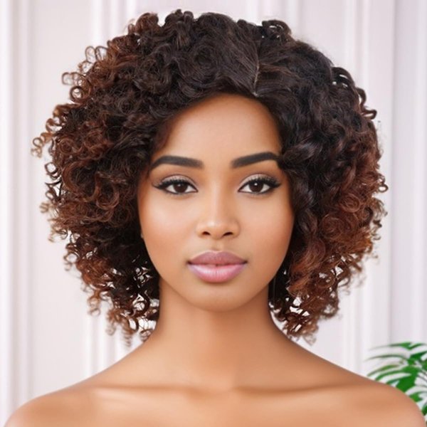 GNIMEGIL Ombre Brown 70s Afro Wigs for Women Short Curly Wigs with Side Bangs Synthetic Kinky Wig Natural Hair African American Wigs for Black Women Cosplay Party Halloween Costume