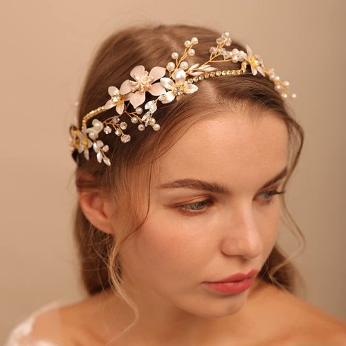 Jumwrit Bride Wedding Headband Flower Leaves Hair Accessories Handmade Crystal Headband Rhinestone Bridal Headpiece Gold Pearl Headband for Women Girls