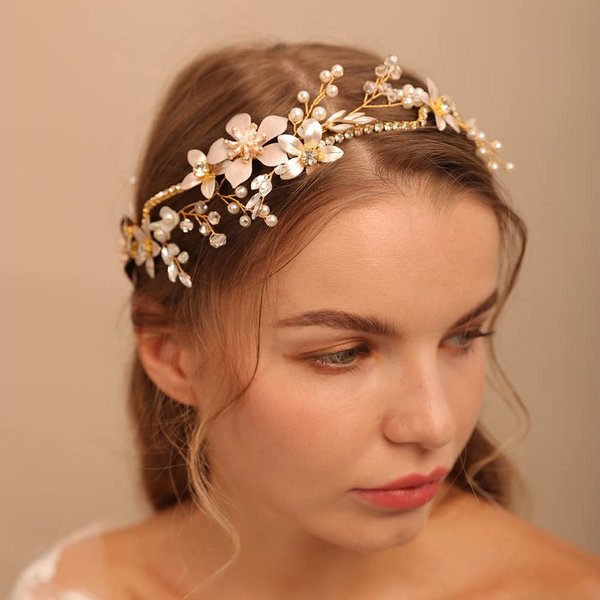 Jumwrit Bride Wedding Headband Flower Leaves Hair Accessories Handmade Crystal Headband Rhinestone Bridal Headpiece Gold Pearl Headband for Women Girls
