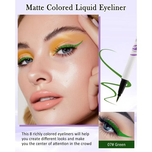 Green Liquid Colored Eyeliner, Waterproof Long Lasting Eyeliner Pencil Smudge Proof, Matte Smooth Eye Liner Pen, Quick-Dry, Ultra-Fine Tip, High Pigment Color Eyeliner Makeup for Festivals Cosplay-07