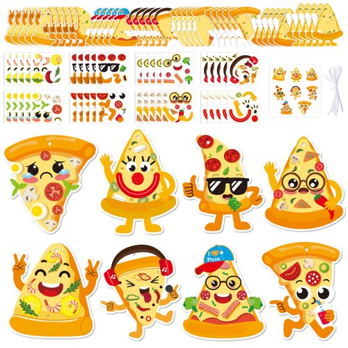 3sscha 40 Packs Pizza Craft Kit for Kids - Make Your Own Pizza Card Bulk Set DIY Self-Adhesive Sticker Cute Expression Handmade Art Project Hanging Decor Classroom Home Activity Gift Party Favor
