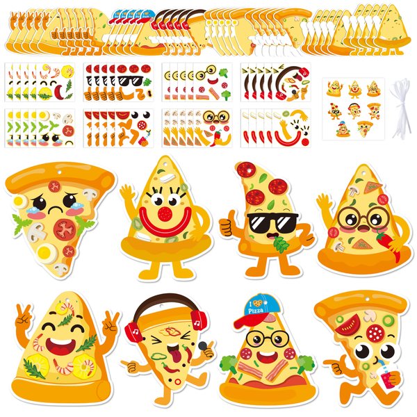 3sscha 40 Packs Pizza Craft Kit for Kids - Make Your Own Pizza Card Bulk Set DIY Self-Adhesive Sticker Cute Expression Handmade Art Project Hanging Decor Classroom Home Activity Gift Party Favor