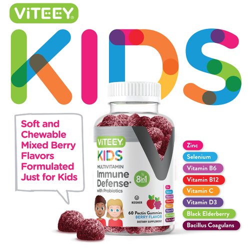Kids Multivitamin Gummies with Probiotics - 8-1 Kids Vitamins for Immune Health Support with Vitamin C, D3, B12, B6, Zinc, Elderberry, Selenium - Vegetarian - Chewable Tasty Berry Flavored Gummy
