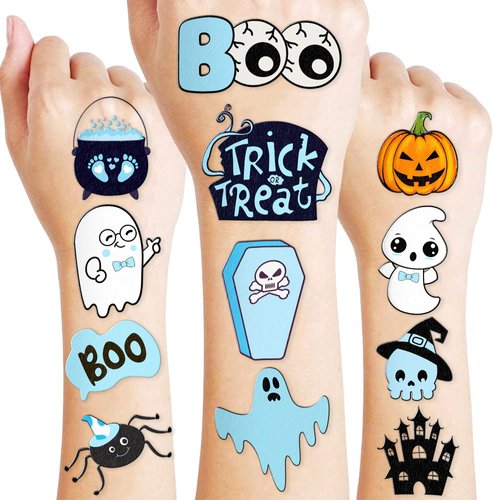 100 PCS Blue Halloween Spooky Ghost Temporary Tattoos a Little Boo Baby Shower Decorations for Halloween Gender Reveal Birthday Party Supplies Decorations Favors Prizes Cute Gifts for Boys and Girls