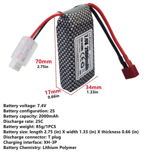 Fytoo 2PCS 7.4V 2000mAh T-Type Plug Lithium Battery for 9200 9200E 9202E 9203E 9204E 9205E 9206E 2995 YC300 HM101 HB101 25-DJ02 9125 S920 S921 WLtoys RC Car Remote Control Boat Drone