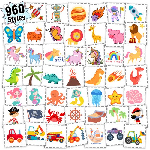 Partywind 960 PCS Individually Wrapped Tattoos for Kids Bulk, Cute Temporary Tattoo Stickers for Birthday Party Supplies Favors, Fake Tattoos for Kids Christmas Games (20 Sheets)