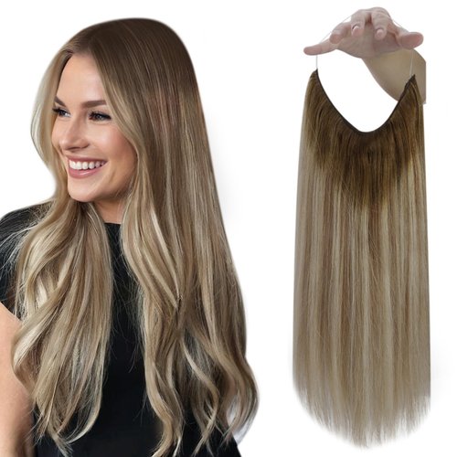 Fshine Hair Extensions Real Human Hair Balayage Walnut Brown to Ash Brown and Butter Blonde 18 Inch Invisible Wire Hair Extensions Straight Human Hair Layered Hairpiece 80g Hair Extensions Clip Ins