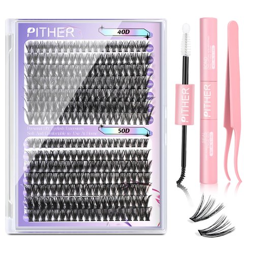 Eyelash Extension Kit, PITHER 280pcs Lash Clusters Kit 10-16mm D Curl Individual Lashes with Lash Bond and Seal and Lash Tweezers (0.07mm 40D +50D)