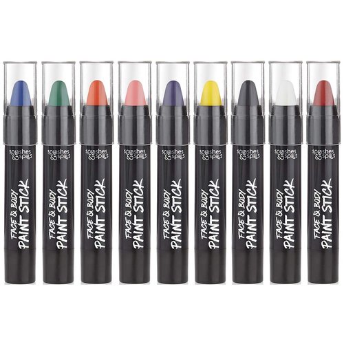 NON-UV Face and Body Paint Sticks - 9 Color Pack - Costume, Halloween and Party Makeup - Safe for all Skin Types - Easy On and Off - 3.9g - by Splashes & Spills