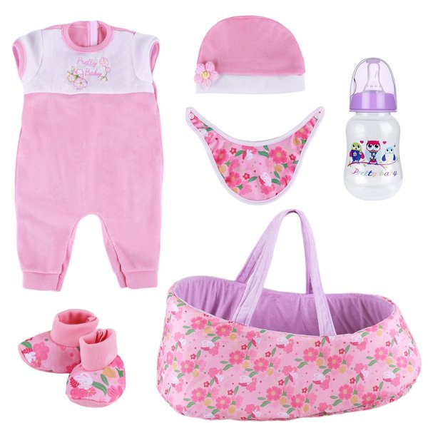 BABESIDE 6 PCS Reborn Baby Doll Clothes Floral Pattern with Bassinet for 17-22 Inch Baby Dolls, Reborn Baby Doll Clothes Outfit Accessories fit Newborn Baby Doll Girl Boys, Pink