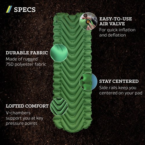KLYMIT Static V Lightweight Inflatable Sleeping Pad | Comfortable, Lightweight, Easy to Inflate Portable Air Bed Mattress for Camping, Backpacking and Hiking — Green