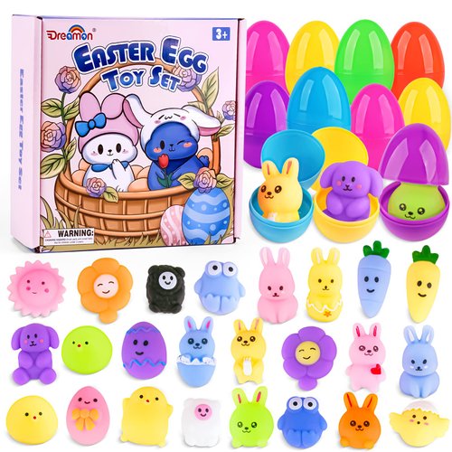 Dreamon 24 Pack Easter Eggs Mochi Squishy Toy | Easter Day Hunt Game with 12 Kinds Squishy Toys | Gifts for Kids Classroom Exchange and Party Favors