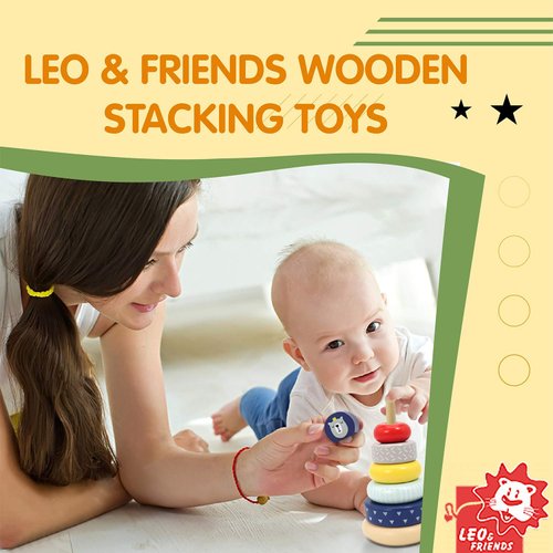 Leo & Friends Benny Stacking Toys - 6 Wooden Stacking Rings - 1 Crown on Top - Montessori-Approved Educational Kid's Stacking Tower for Christmas Birthdays or Holidays