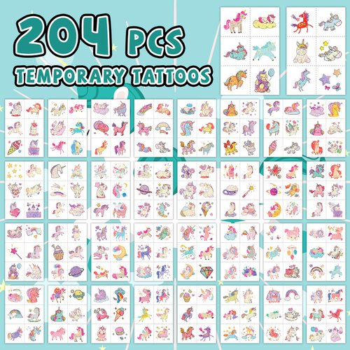 EMOME Glitter Kids Tattoos Temporary for Girls, 204 Pcs Individually Wrapped Tattoo Stickers for Kids, Glitter Tattoos Bulk for Goodie Bags Stuffers Fillers, Girls Birthday Party Favors Supplies Games
