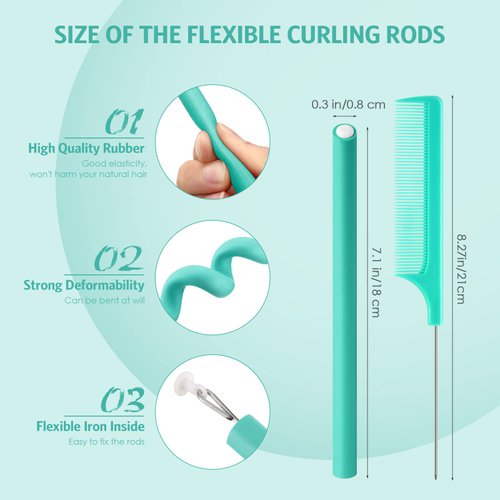 30 Pieces Flexible Curling Rods Twist Foam Hair Rollers Soft Foam No Heat Hair Rods Rollers and 1 Steel Pintail Comb Rat Tail Comb for Women Girls Long and Short Hair (Lake Green, 7 x 0.3 Inch)