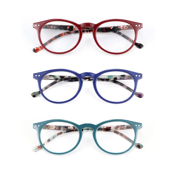 MDee Reading Glasses 3 Pack Women Classics Round Blue Light Blocking Readers Glasses Ladies Spring Hinges 1.75