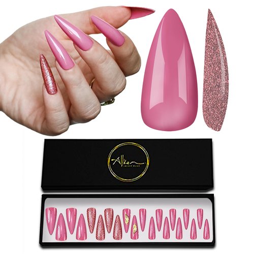 Allkem Press On Nails - Rose Pink Glam Long Sculpted Stiletto | 20 Nails 10 Sizes Fake Nails Set with Glue | Durable & Easy to Apply