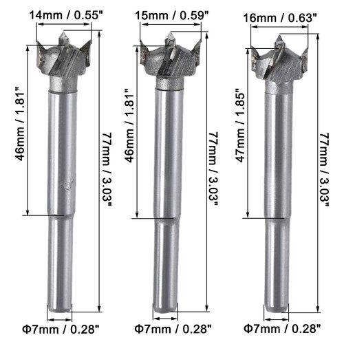 uxcell Forstner Wood Boring Drill Bits 14mm 15mm 16mm Dia. Hole Saw Carbide Alloy Steel Tip Round Shank Cutting for Hinge Plywood Wood Tool 3in1 Set