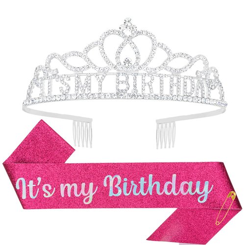 Araluky Silver Birthday Crown Adult Woman & Glitter Its My Birthday Sash for Women Birthday Tiara for Women Birthday Hat Birthday Girl Crown for Women Parties Favors Pink Birthday Decorations Gift