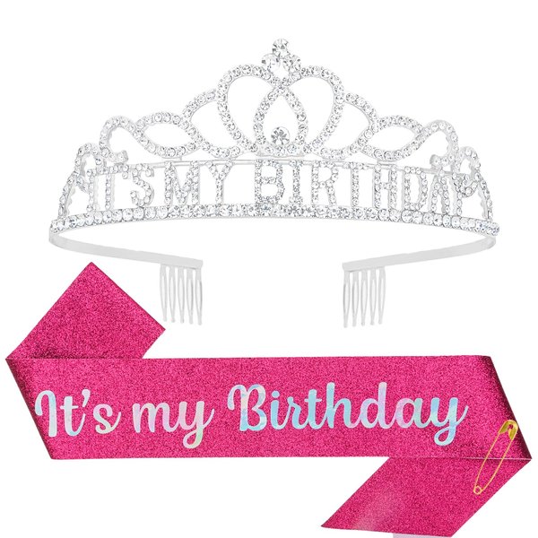 Araluky Silver Birthday Crown Adult Woman & Glitter Its My Birthday Sash for Women Birthday Tiara for Women Birthday Hat Birthday Girl Crown for Women Parties Favors Pink Birthday Decorations Gift