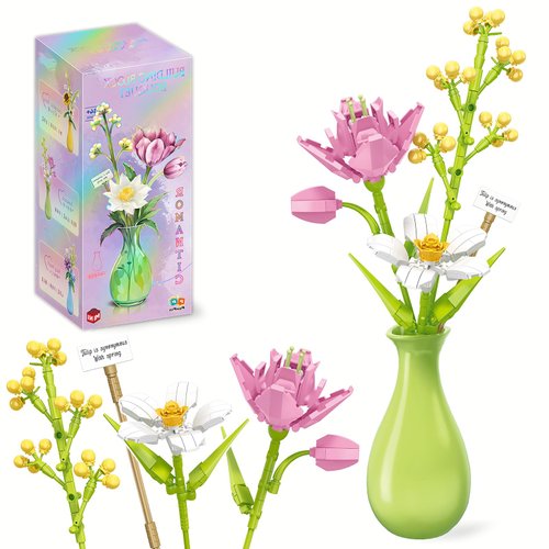 Flower Bouquet Mini Building Block Set with Vase for Adults, Tulip Wildflower Building Toys, Birthday Anniversary DIY Gift for Girl Kids Ages 8-12 (Green Vase), 16261