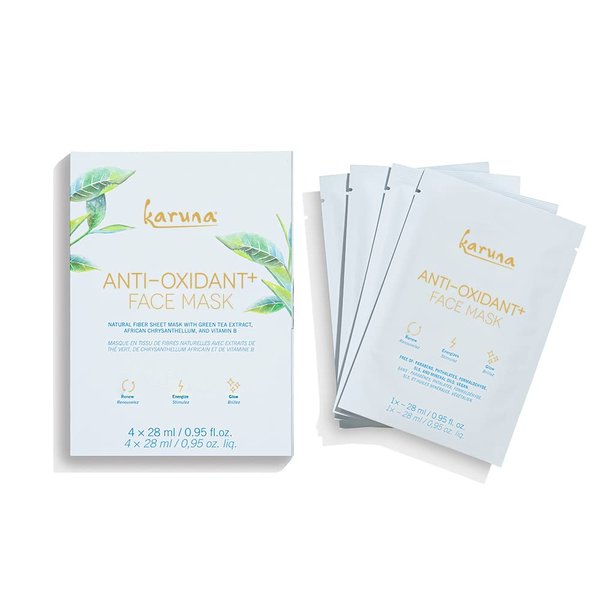 Karuna Skin - Antioxidant+ Face Masks for Dry, Mature Skin, Rejuvenating & Nourishing Face Masks Skincare Essential, Facial Mask w Green Tea Extract, Chinese Licorice & African Chrysanthellum, 4 Pack