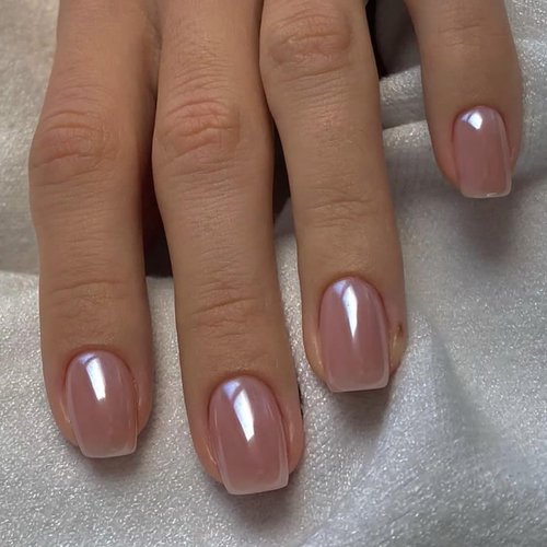 24Pcs Chrome Press on Nails Short Square Fake Nails Blush Glossy Design Glue on Nail Mirror Pink False Nails Coffin Artificial Acrylic nail Stick on Nail for Women Girls DIY Manicure Decorations