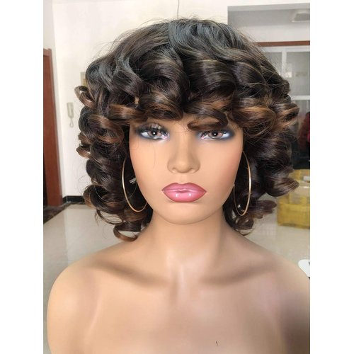 Annivia Short Afro Curly Wigs with Bangs for Women Kinky Curly Hair Wig 2 Tone Ombre Dark Brown Big Bouncy Fluffy Curly Wig