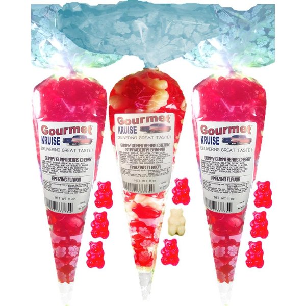 Red Gummy Bears (2) Wild Cherry (1) Red Wild Cherry White Strawberry Banana Gummi (NET WT 33 OZ) Gourmet Kruise Signature Gift Bags