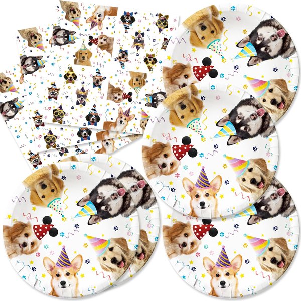 Egami 40pcs Pet Dog birthday Party Supplies,include 20 dessert plate, 20 Napkin,Used for dog birthday Party Decoration (White pet dog)