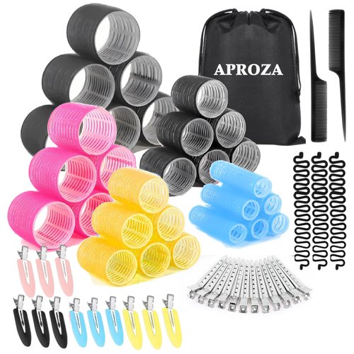 Self Grip Hair Rollers, 56 Pcs APROZA Hair Curler Set within 30 Multi Size Hair Rollers, 20 Clips, 3 Bradding Tools & 2 Combs, Women Hair Styling Curling Tools