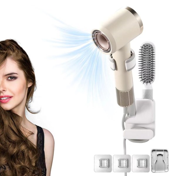 Hands Free Hair Dryer Stand, Bathroom Wall Mounted Holder with No-Drill Design for Secure Mounting on Wall or Mirror, with Three Adhesive Wall Hooks