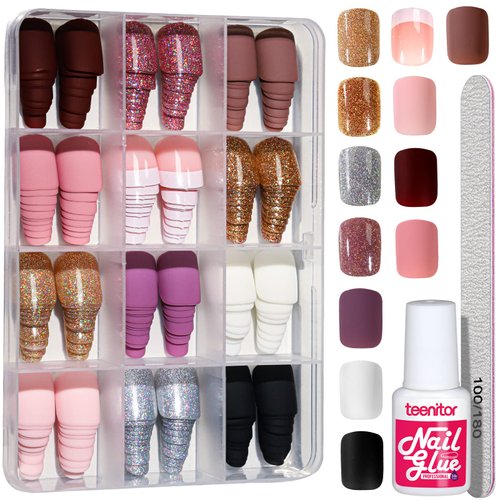 Teenitor Short Press on Nails,288Pcs Matte Acrylic Short Square Fake Nails Full Cover, Glitter Press On False Nails Glue on Nails Short