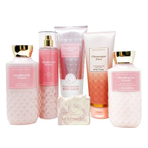Bath & Body Works Champagne Toast - Deluxe Gift Set - Fine Fragrance Mist, Moisturizing Body Wash, Body Cream, Shower Gel and Body Lotion With a Himalayan Salts Springs Sample Soap.
