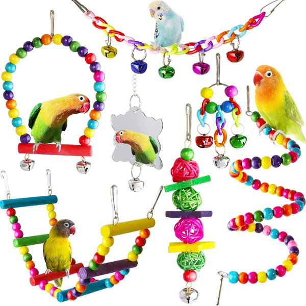 Bird Parakeet Cockatiel Toys, ESRISE Natural Wood Hanging Bell Pet Bird Cage Hammock Swing Climbing Ladders Wooden Perch Mirror Chewing Toy for Budgerigar, Conures, Love Birds